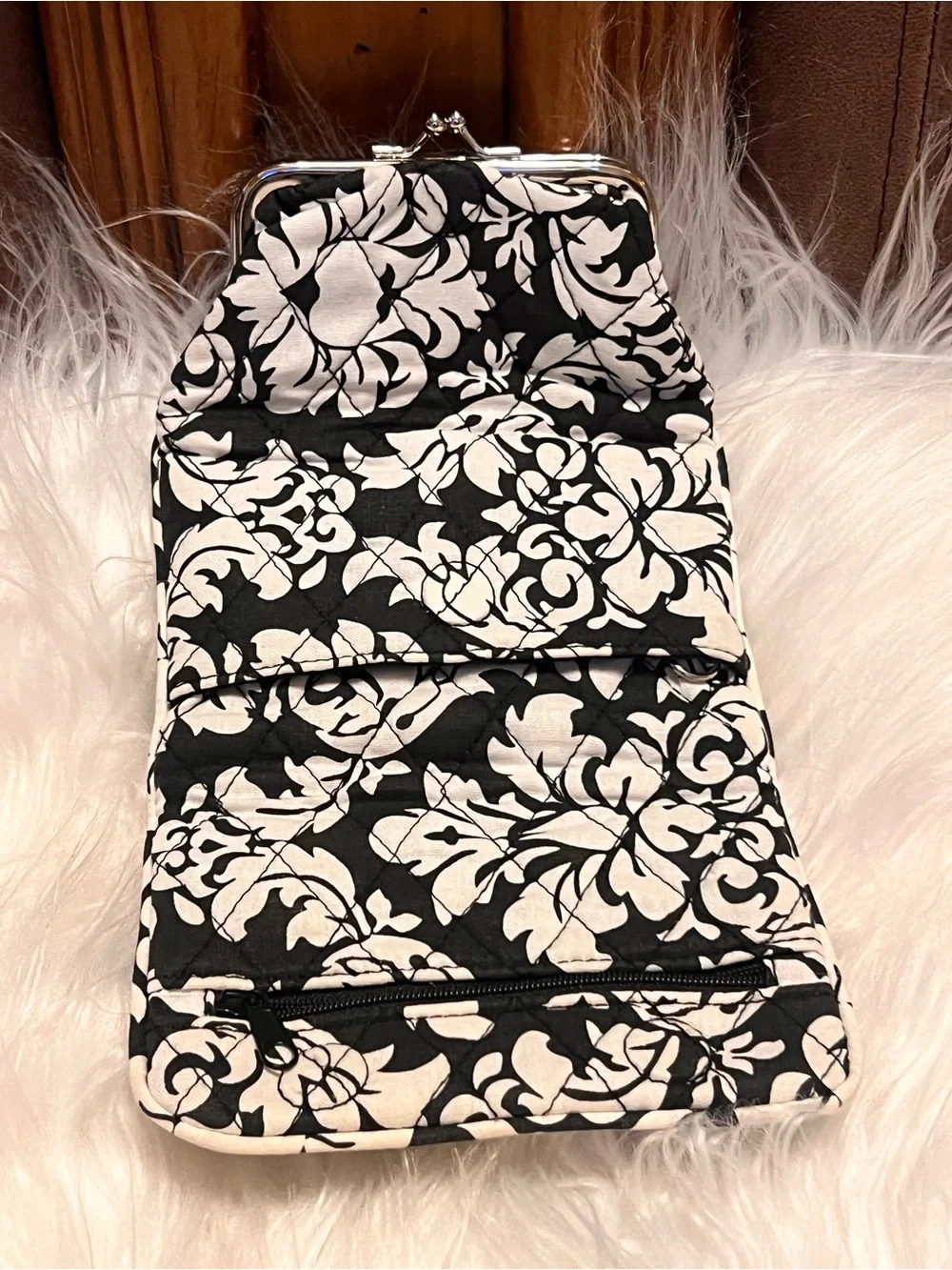 Quilted Black & Cream Floral Fold-Over Crossbody Bag